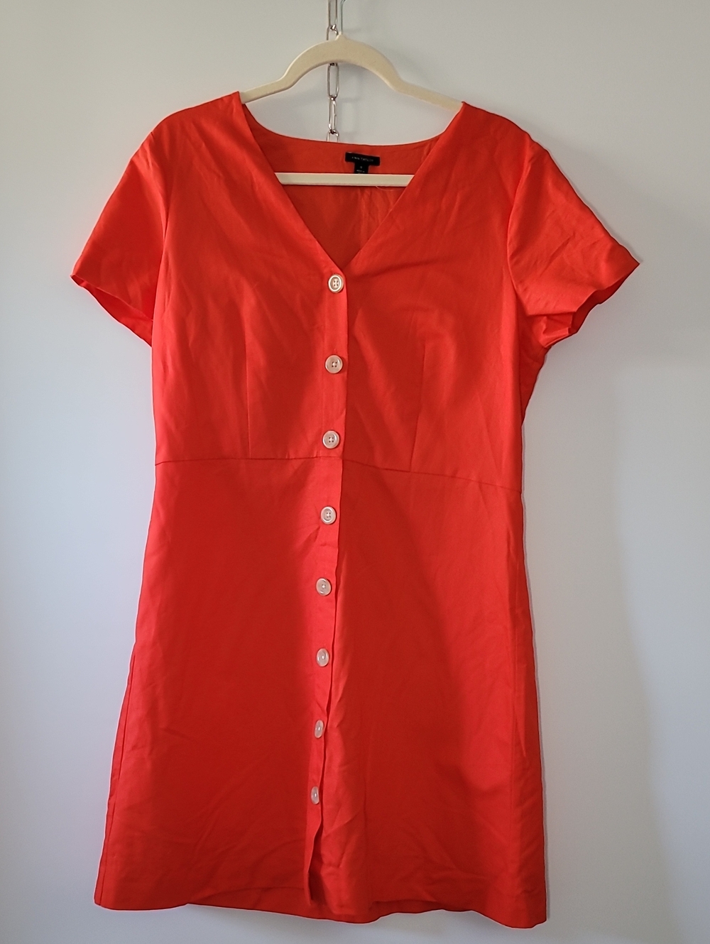 Ann Taylor Bright Red Button-Front V-Neck Dress